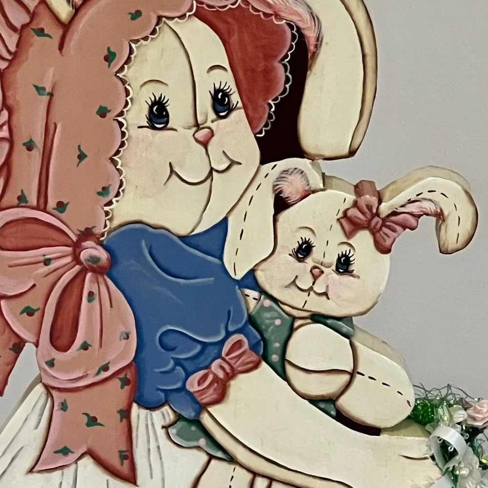 Vtg Hand Painted Wood Bunny Figurines Primitive Cottagecore Country Farmhouse‎
